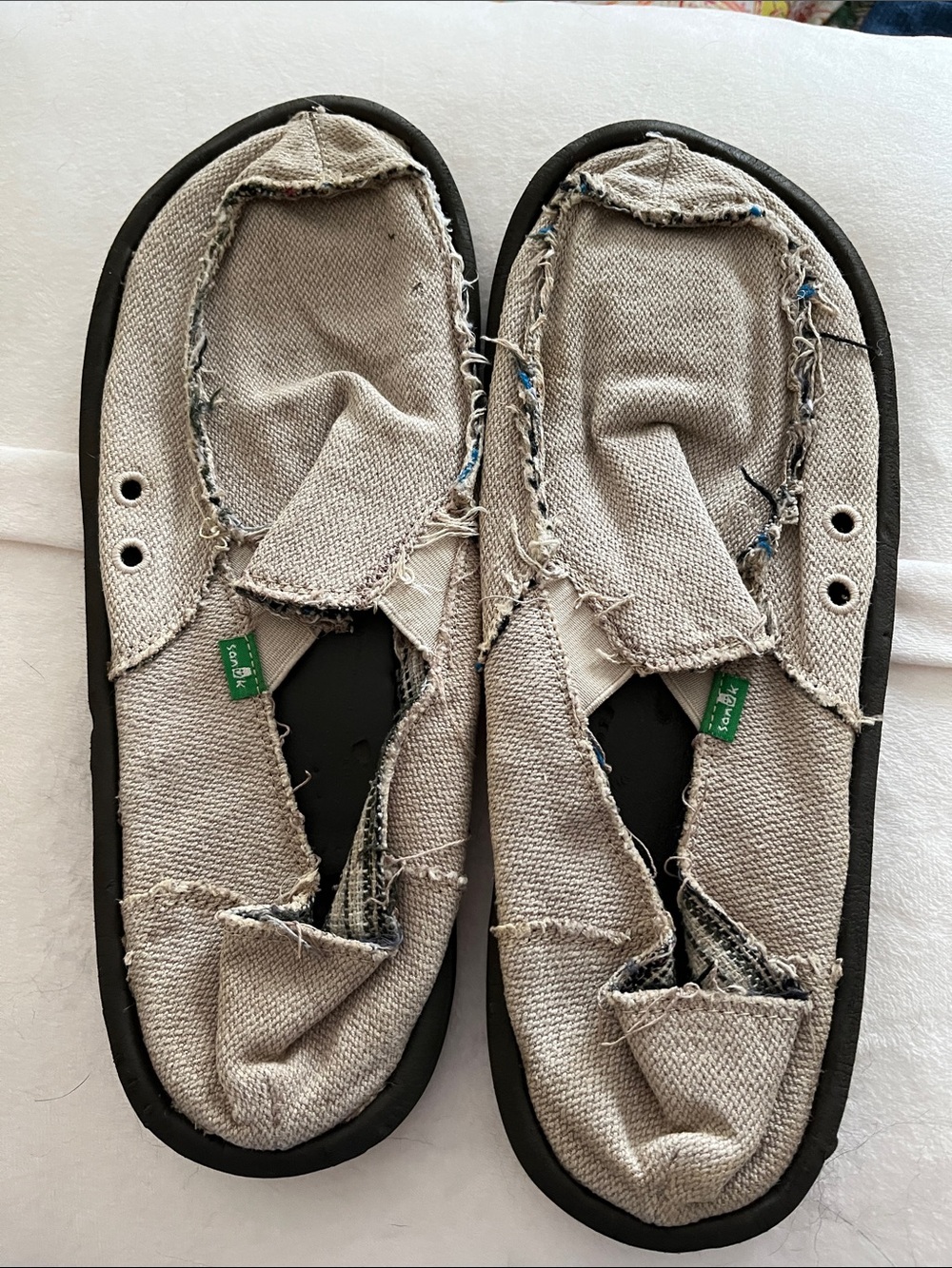 Sanuk Beige Canvas Slip-On with Green Logo Tab